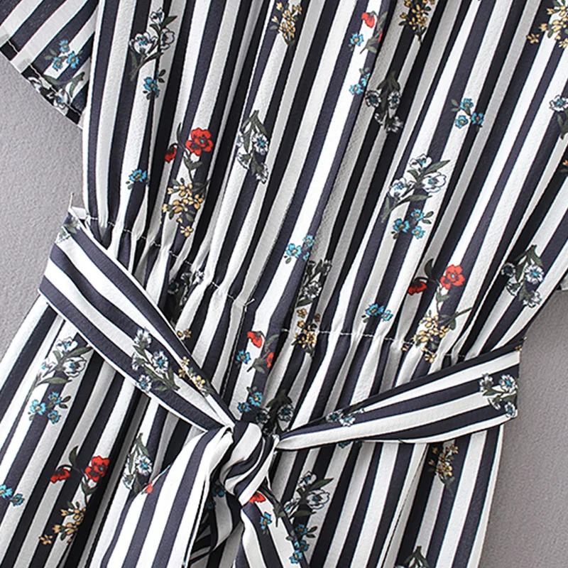 Women shirt style short dress 2019 Flower print stripe spring summer vestidos Belt decoration casual A-line | Женская одежда