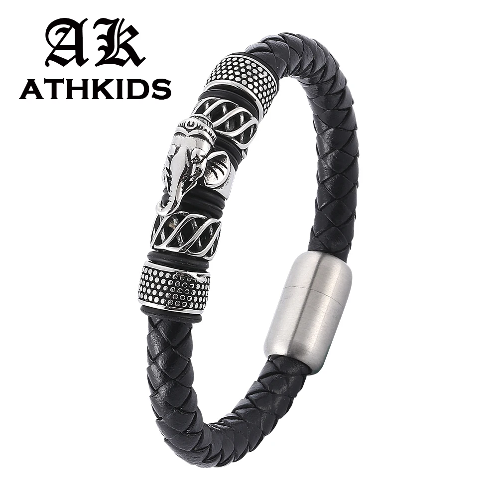 

Punk Braid Genuine Leather Bracelet Titanium Stainless Steel Magnet Clasp Men Woven Bangle Bracelet Magnetic Men Gift PD0087