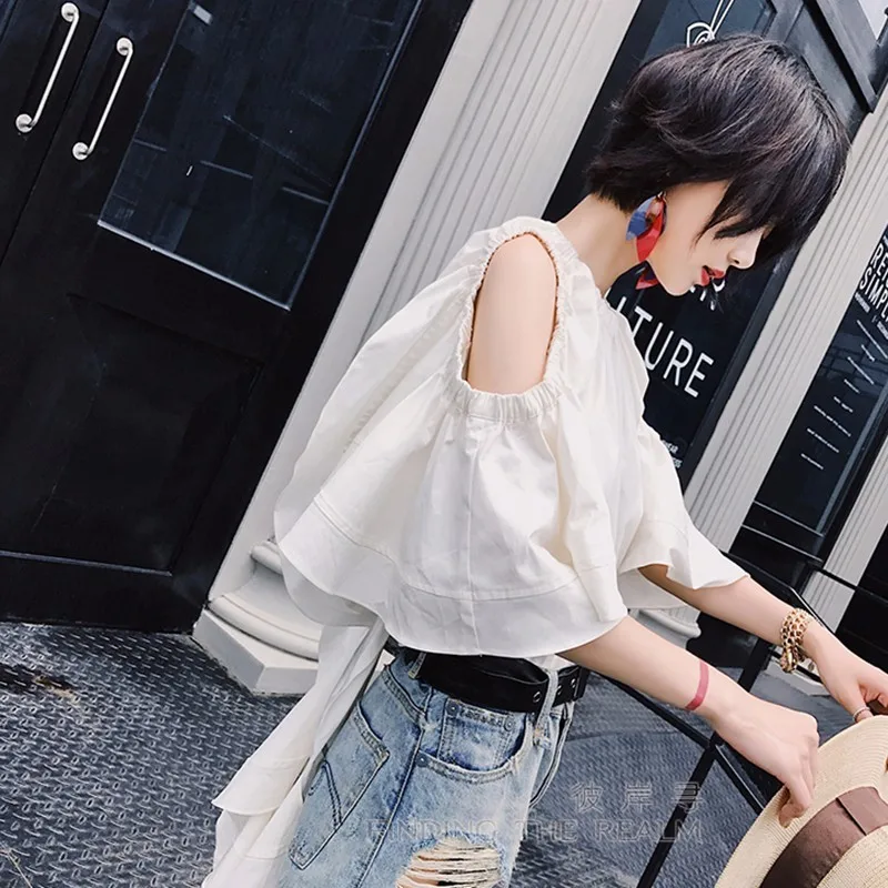 TWOTWINSTYLE Ruffles Short Shirt Female Hollow Out Flare Sleeve Ribbons Lace Up White Blouse Women 2019 Spring Summer Sexy New |