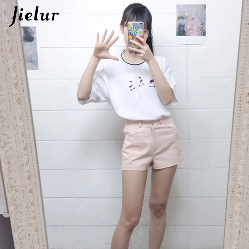 Jielur колледж Harajuku стиль скейтборд Подростковая футболка изысканная вышивка свободные футболки с коротким рукавом женские повседневные топы - Цвет: Белый