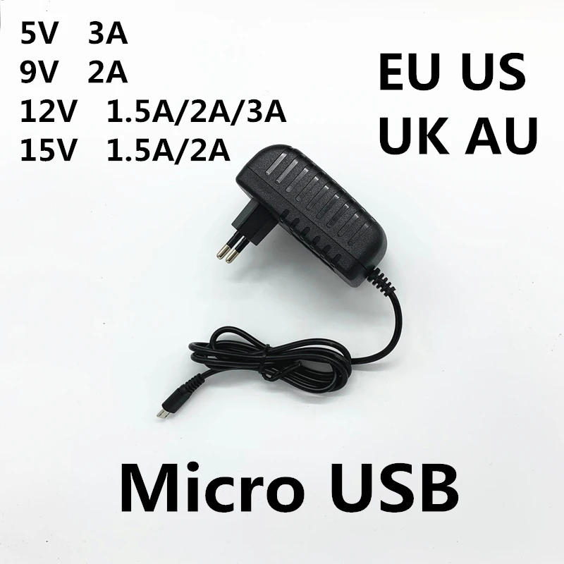 100 шт. DC 5v 9v 12v 15v 1.5a 2a 3a Micro Usb Ac/dc адаптер питания штепсельная вилка ЕС зарядное