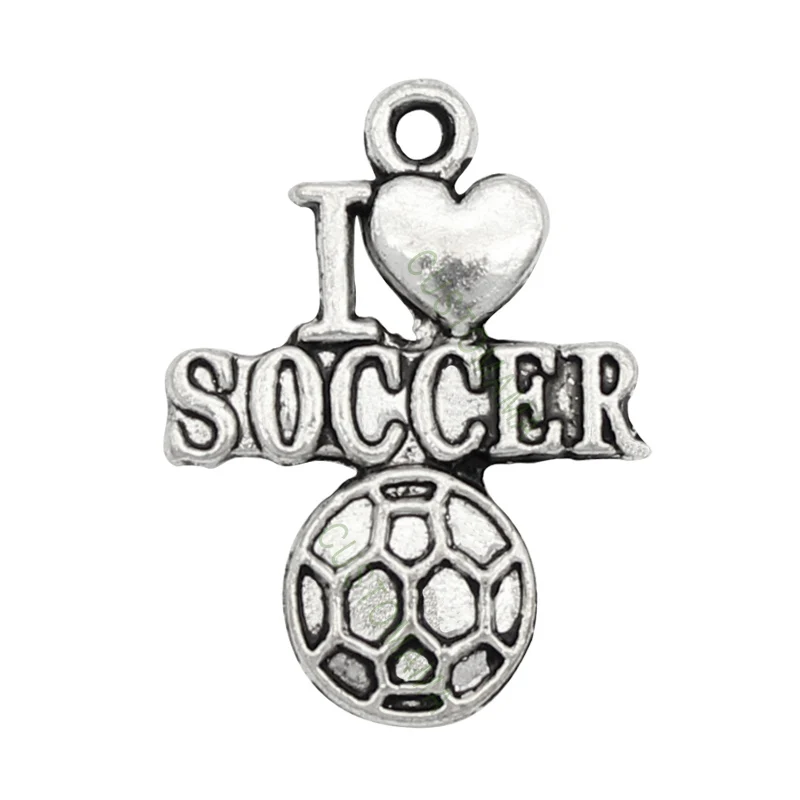 

80pcs-Soccer Charms, Antique Silver I Love Soccer Charms Pendant 22x17mm