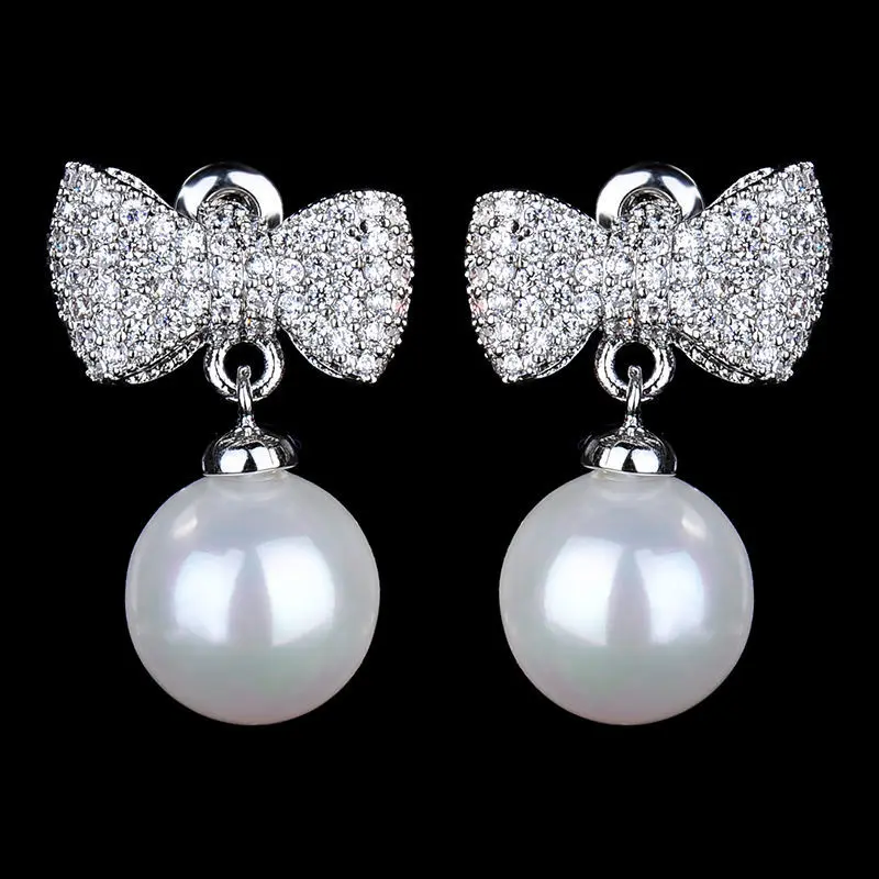 Серьги подвески женские с бантом и фианитом серебряное покрытие|dangle earrings for