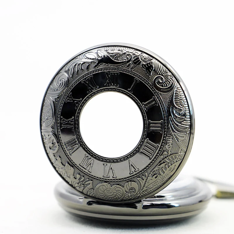 Black Roman Numerals Mechanical Quartz Pocket Watch Vintage Steampunk Hollow Manual Fob Chain Watch Best Gift for Men and Women