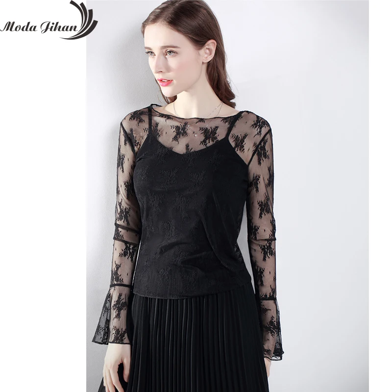 Женская кружевная рубашка Moda Jihan фиолетовая прозрачная Базовая Блузка с