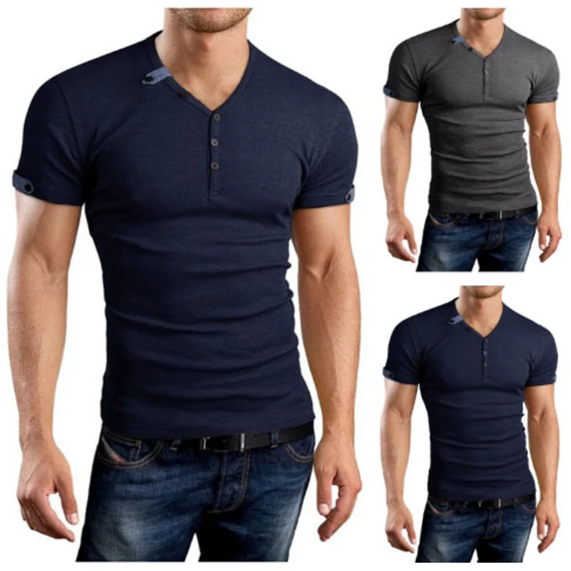 Летние Модная Футболка Slim Fit Мужская Повседневная V Средства ухода за кожей шеи
