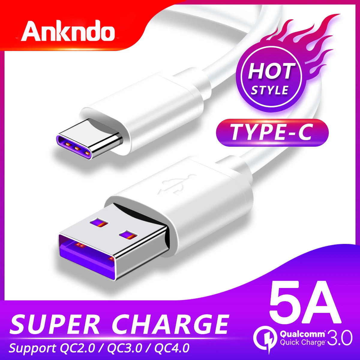 Ankndo type C USB кабель 5А кабель для быстрой зарядки супер быстрое зарядное устройство для устройств Android USB-C type-C суперзарядка кабель для передачи данных