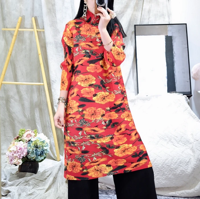 Лидер продаж, прямое платье миаке «три четверти» с винтажным принтом и отложным воротником, в наличии