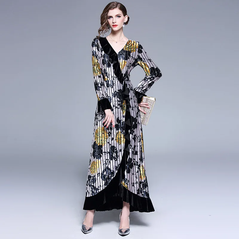 Осеннее женское бархатное платье высокого качества сексуальное с v образным