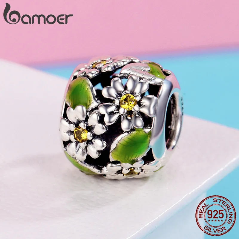 BAMOER, Новое поступление, подлинный, 925 пробы, серебряный, цветок ромашки, листья, шарм, бисер, подходит для браслета, сделай сам, для изготовления ювелирных изделий SCC490