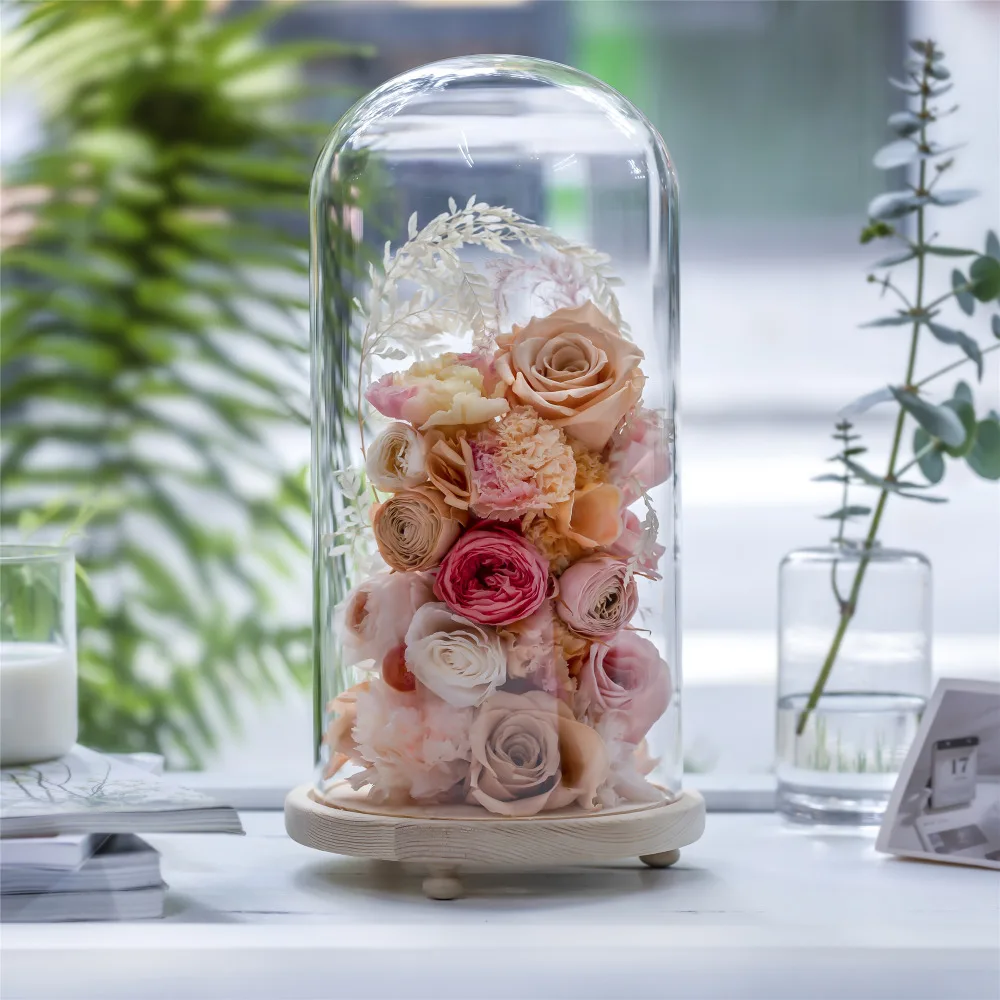 Tabletop Display Glass Dome Cloche Cover Decor Dry Flower Ornaments Handmade Craft Bell Jar with Wood Color Base, Feet, and LED Light image 6