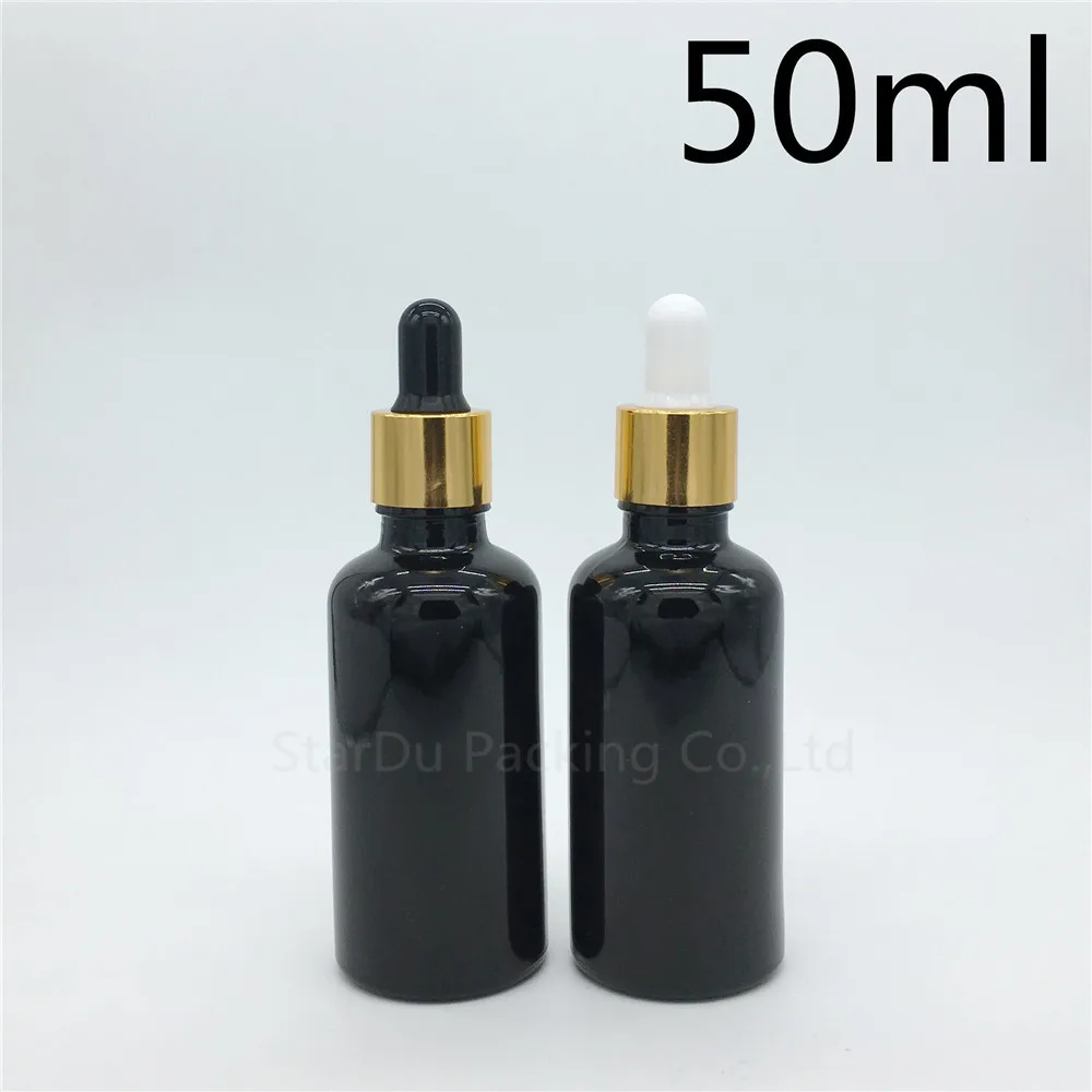 

Free shipping 500pcs/lot 50ml empty black glass essential oil bottle with gold aluminum ring dropper, 50CC glass perfume bottle
