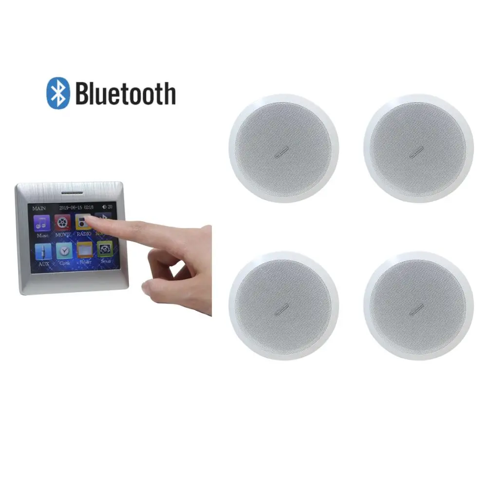 Сенсорный экран bluetooth в стене аудио усилитель с беспроводным пультом дистанционного управления и 4 потолочными динамиками, поддерживает USB/SD/AUX/FM