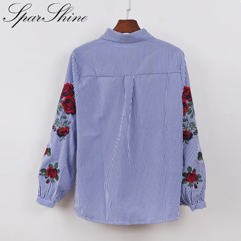 2019 Новый Blusas роза с вышитыми цветами в полоску Блузки Женская рубашка длинными