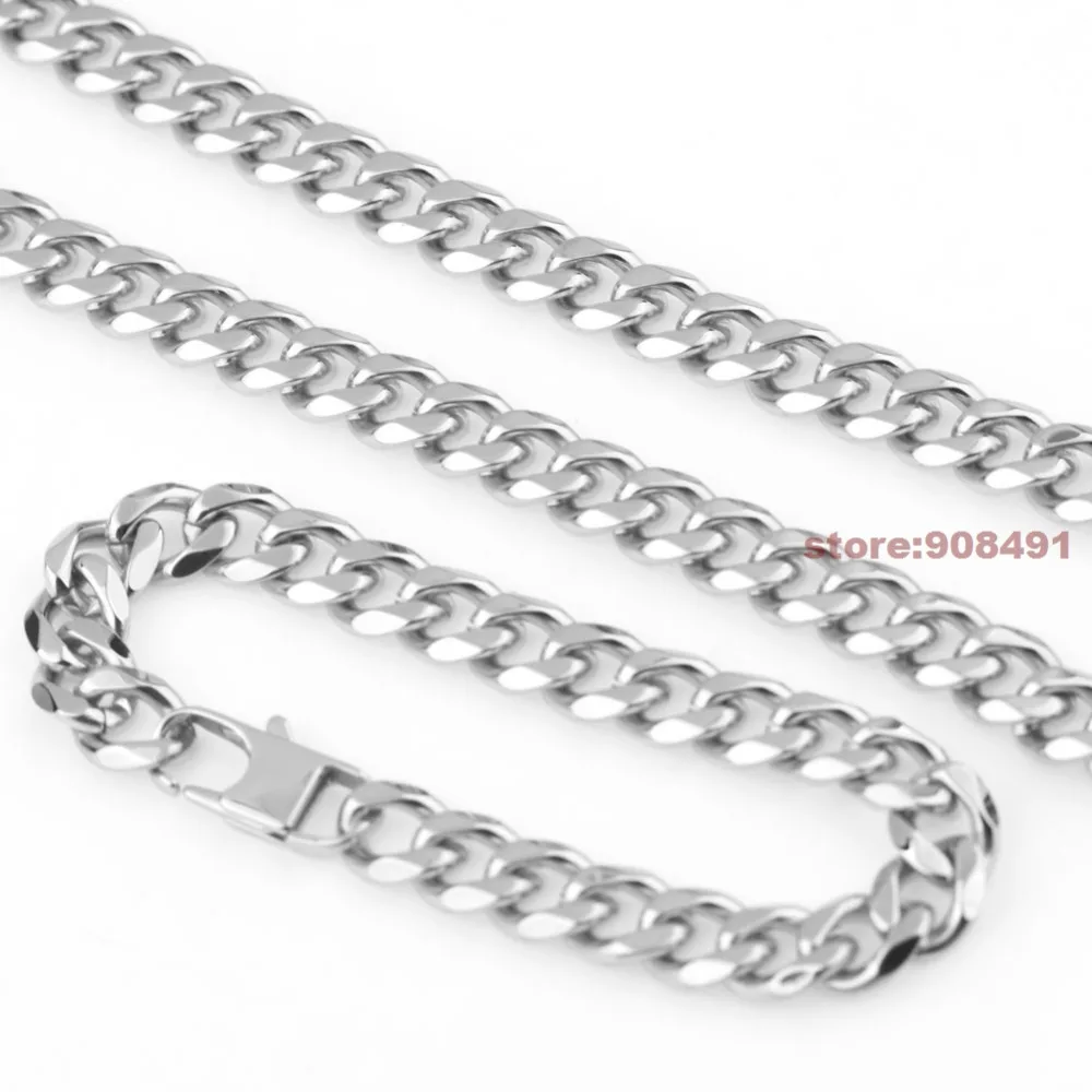 

13mm/15mm 1set Mens Jewelry Silver Stainless Steel High Quality Bling Curb Necklace Bracelet