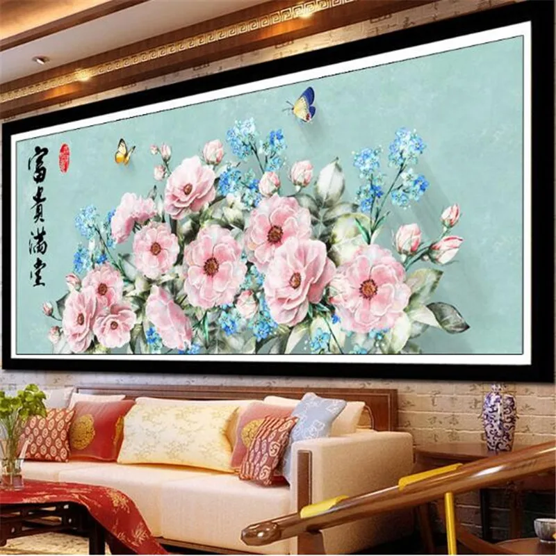 QIANZEHUI Needlework DIY Bloom rich peony landscapes Cross stitch Sets For Embroidery kit print Full embroidery Cross-Stitching | Дом и сад