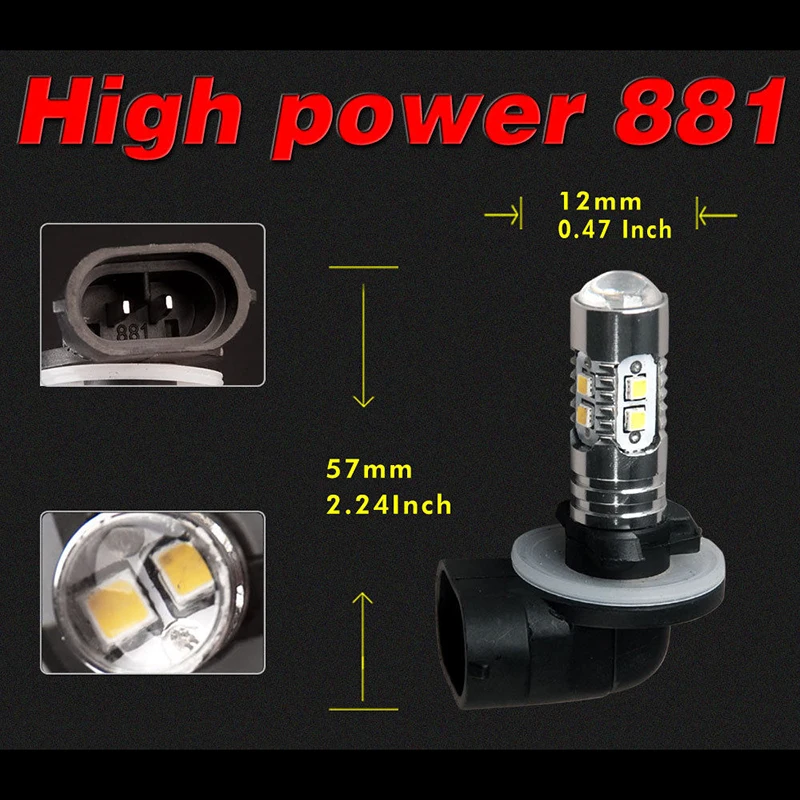 2шт 12*57 мм DC 12 V 24 50 W 6000 K 500LM сверхмощный алюминиевый 881 светодиодный Белый туман