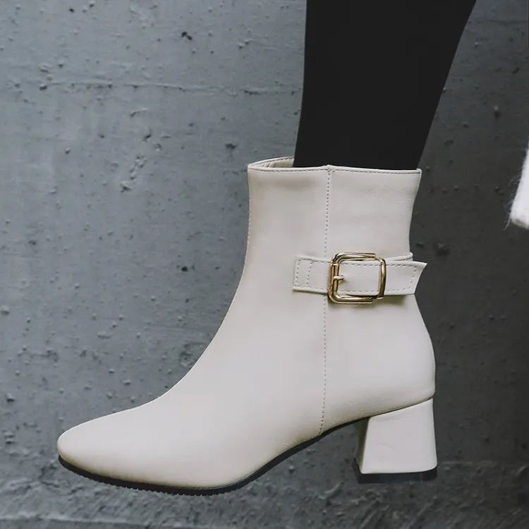 Большой Размеры мадам грубый каблук полусапожки Чистый цвет с металлическими