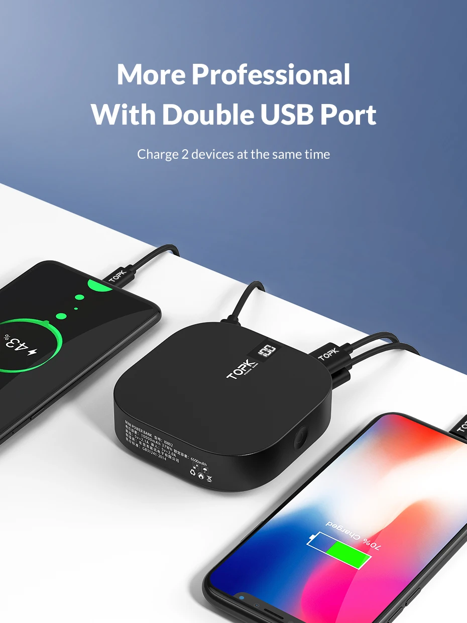 TOPK 10000 mAh power Bank Dual USB миниатюрное портативное зарядное устройство для мобильного телефона внешний аккумулятор power bank для iPhone samsung Xiaomi