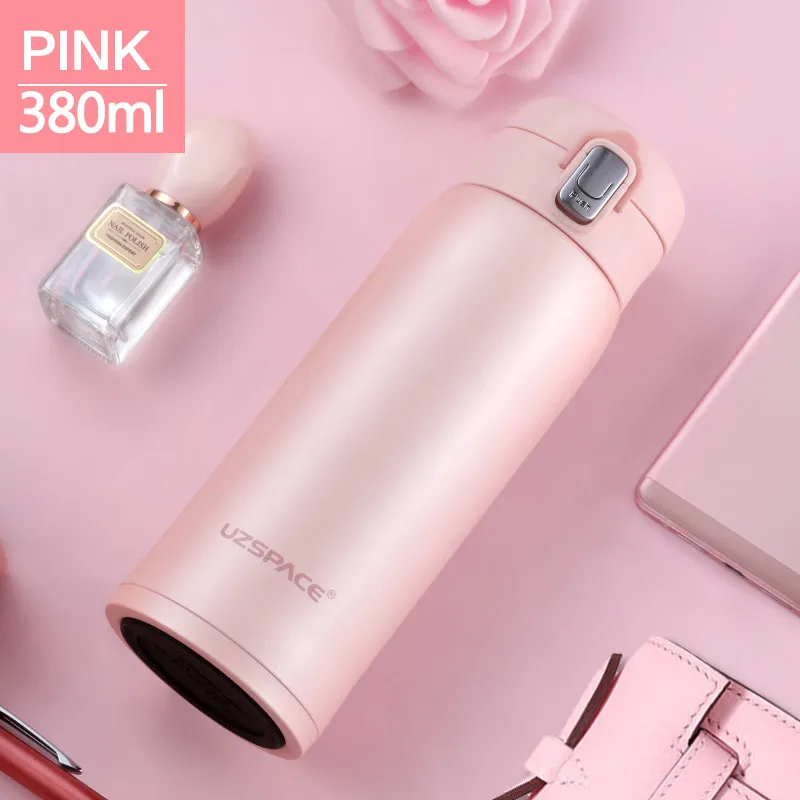 380ML Pink UZSPACE термос с двойными стенками из нержавеющей стали, термосы 380/500 мл, кружка для кофе, чая, молока, путешествий, Термокружка, Подарочная бутылка - Цвет: 380ML Pink