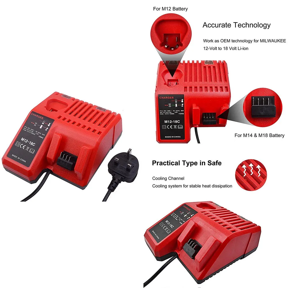 Powstro 12-18 в умное зарядное устройство для Milwaukee M12-18FC 12-18 в литий-ионная мульти напряжение быстрое зарядное устройство Великобритания вилка ABS черная зарядка
