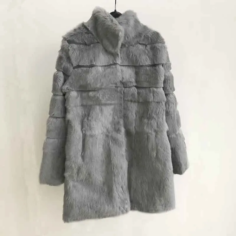 Grey Новое поступление, женская шуба из натурального кроличьего меха, в полоску и с воротником-стойкой, классический подарок wsr440 - Цвет: Grey