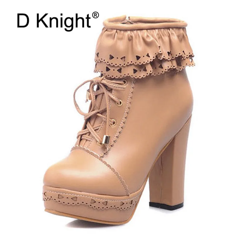 

Winter New Lolita Boots Shoes For Woman Platform High Heel Sweet Bow Ruffles Women Ankle Boots Lolita Princess Shoes Big Size 43
