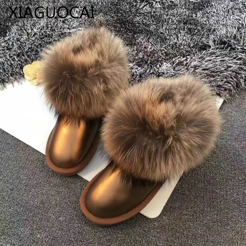 2018 Winter High quality Cowhide Girls snow boots 100% Genuine Leather Fox Fur warm baby shoes short ankle for children A49 27