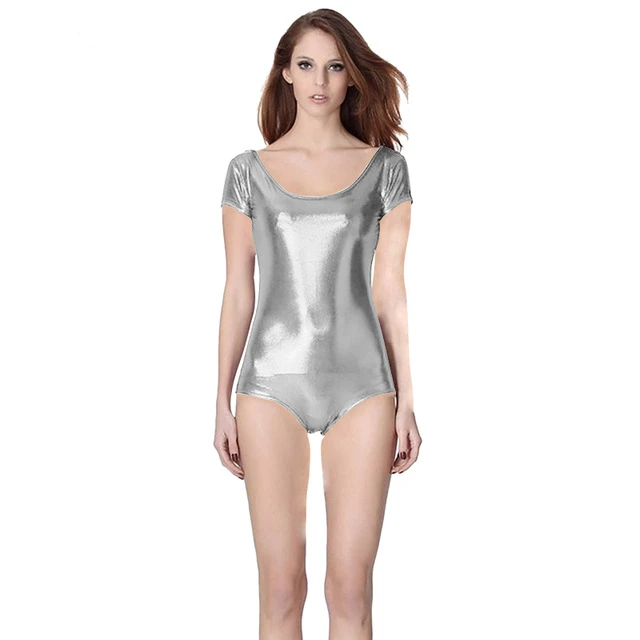 Silver Ensnovo женский металлический блестящий купальник с коротким рукавом цельный гимнастический костюм для балета - Цвет: Silver