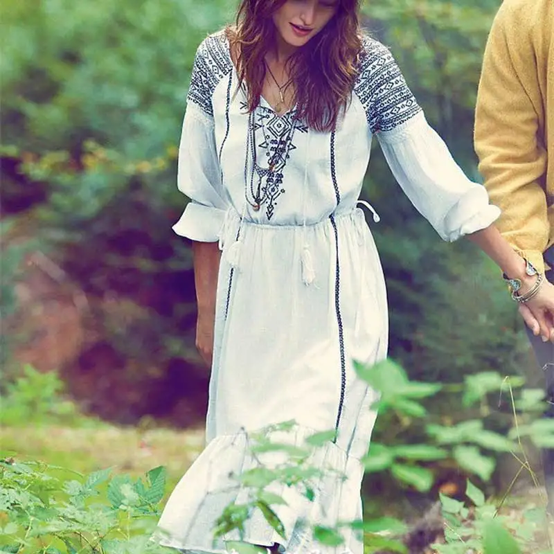 Boho вдохновленный черный узор Embroideried Асимметричный Белый Осень платья хлопок