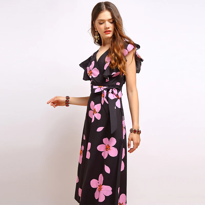 LD LINDA Делла, летнее модное платье, женское, сексуальное, v-образный вырез, открытая спина, бант, галстук, оборки, цветочный принт, элегантное, винтажное, праздничное платье