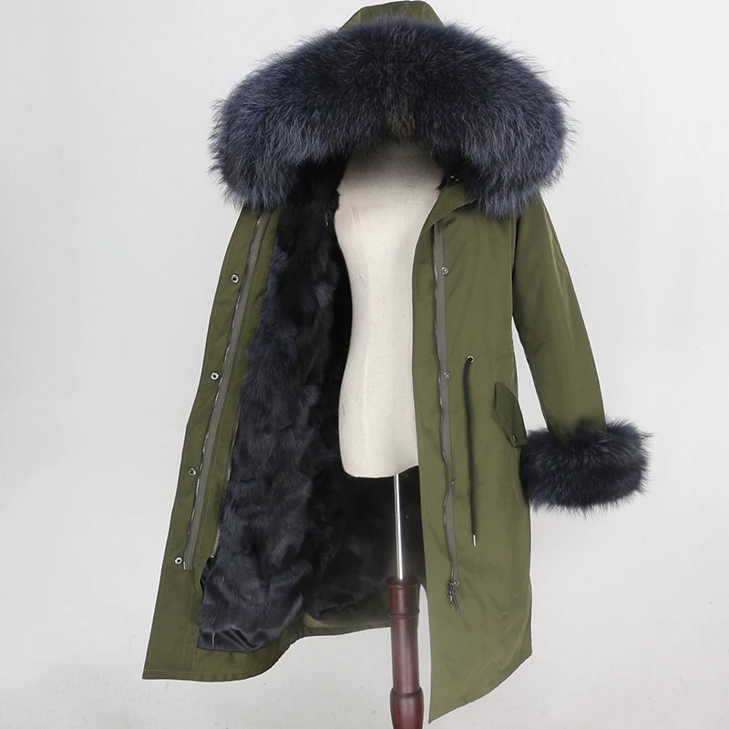 green grey grey Водонепроницаемая парка OFTBUY, длинная верхняя одежда, пальто с натуральным мехом, зимняя куртка для женщин, Воротник из меха енота, капюшон, подкладка из лисьего меха, теплая, съемная - Цвет: green grey grey