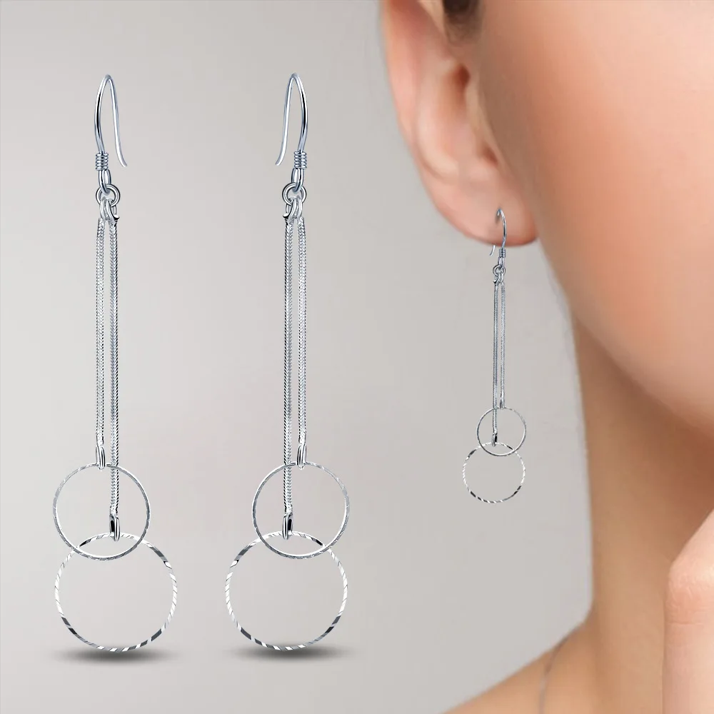 

KOFSAC Trendy 925 Sterling Silver Hook Earrings For Women Creative Double Round Circle Earring Female Long Ear Line Jewelry Gift