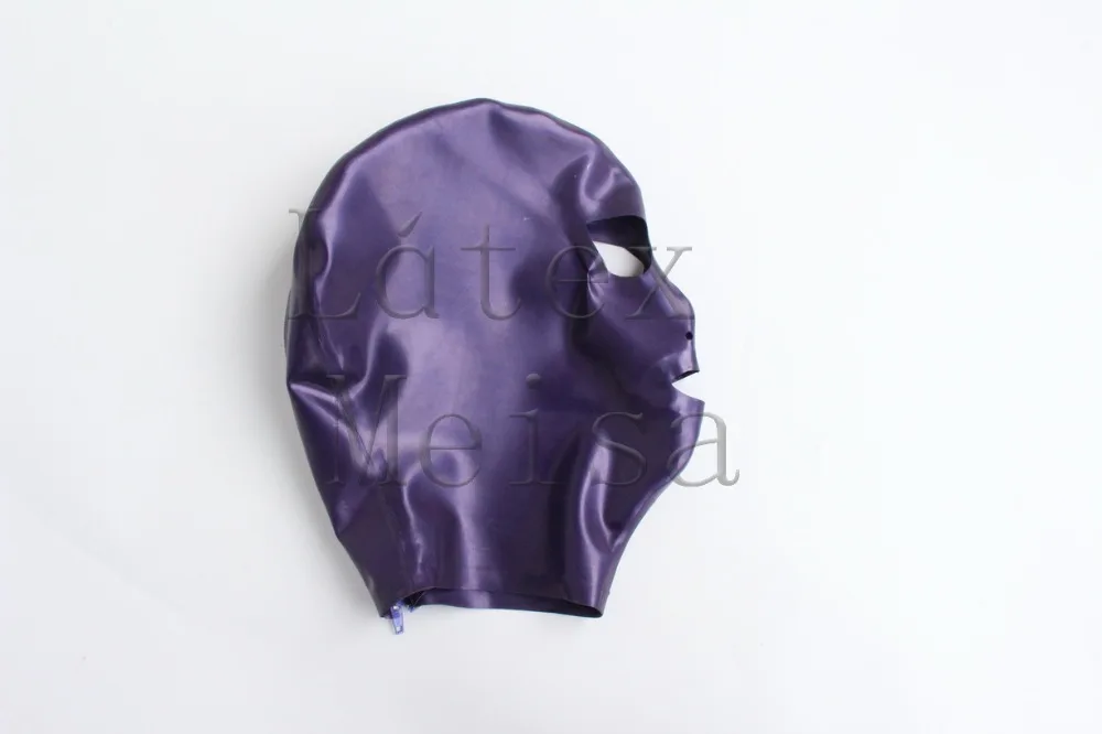 Metallic purple Fetish Latex hoods with hair holes and open eyes mouth nostrils attached back zip | Тематическая одежда и