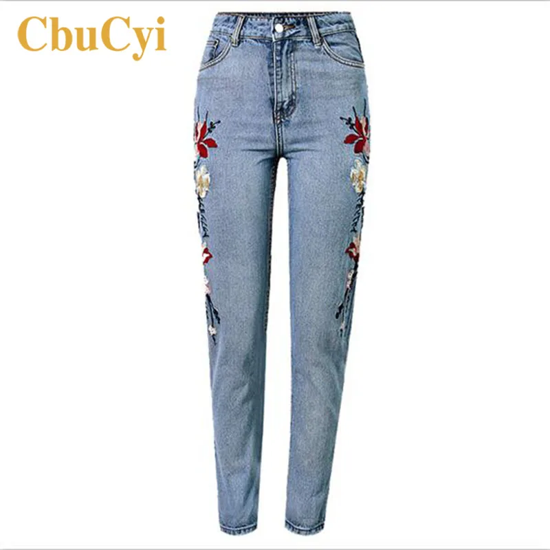 Женские хлопковые джинсовые брюки с высокой талией джинсы вышивкой прямые