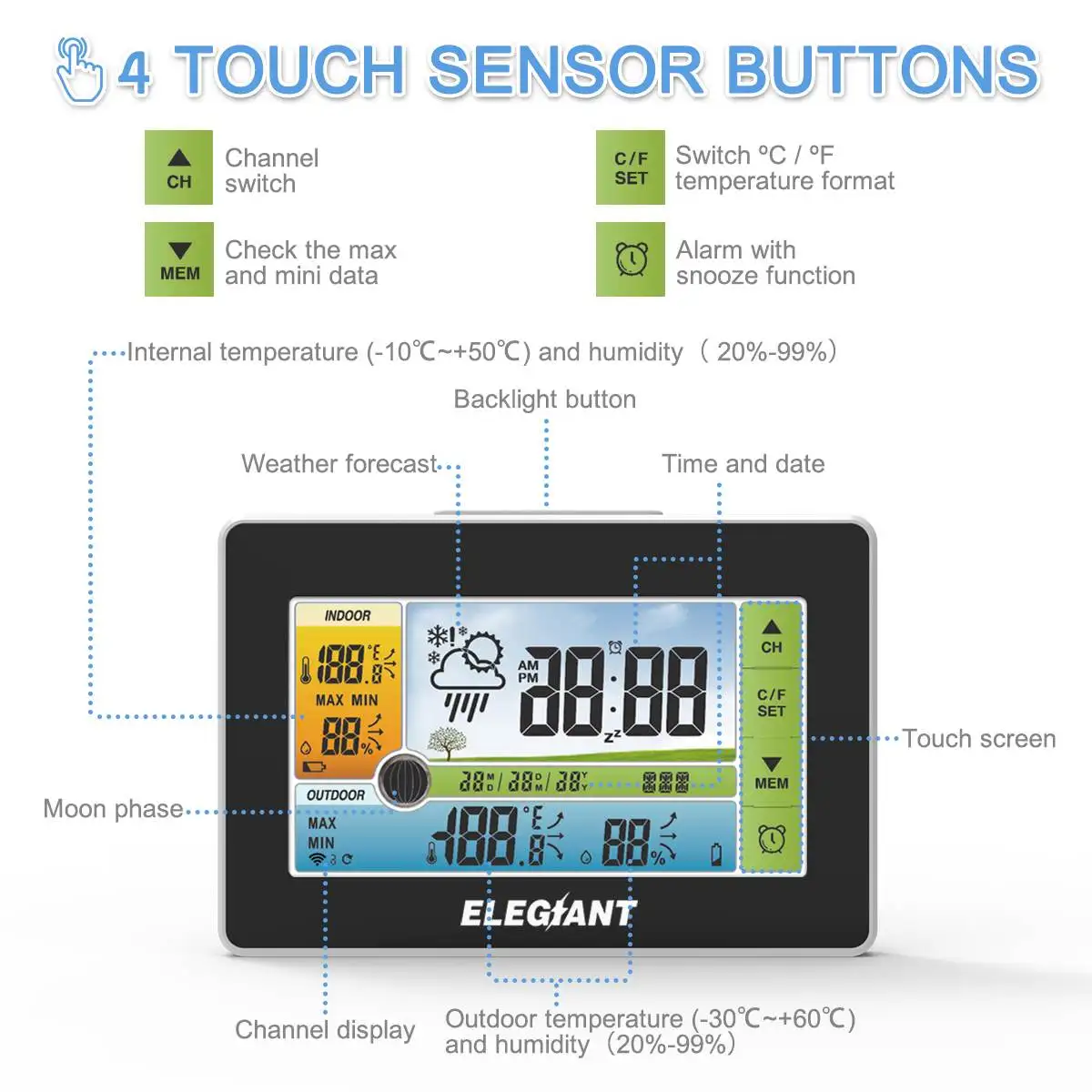ELEGIANT LCD Цифровая сенсорная Метеостанция и наружный датчик влажности Термометры 3CH термометр гигрометр