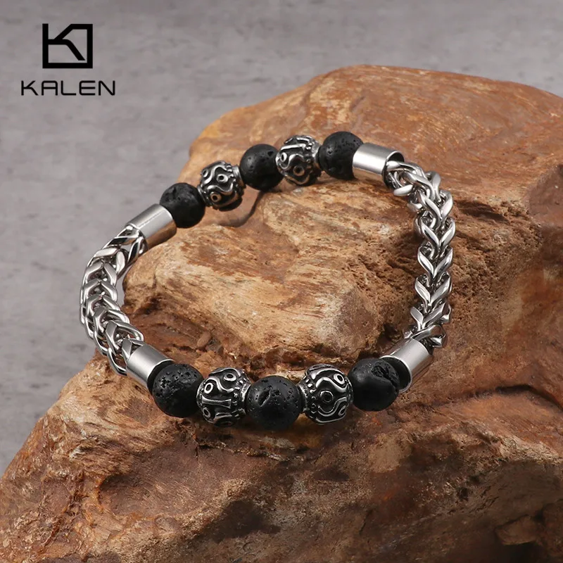 Мужские браслеты KALEN из нержавеющей стали с черными лавовыми бусинами|bracelets