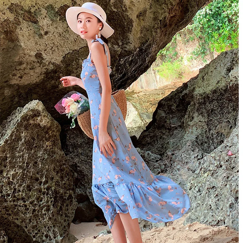 New Summer Vintage Dresses Romantic Floral Printed Vestidos Sleeveless Long Beach Dress Blue Spaghetti Strap vestidos de festa | Женская
