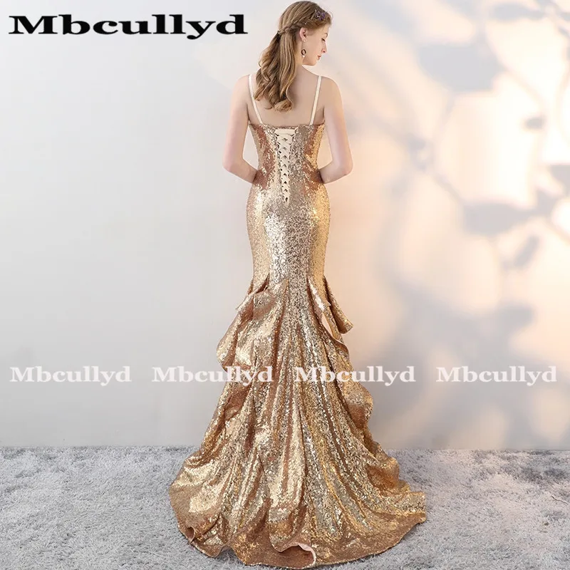 Женское длинное вечернее платье с блестками Mbcully золотистое юбкой годе открытой