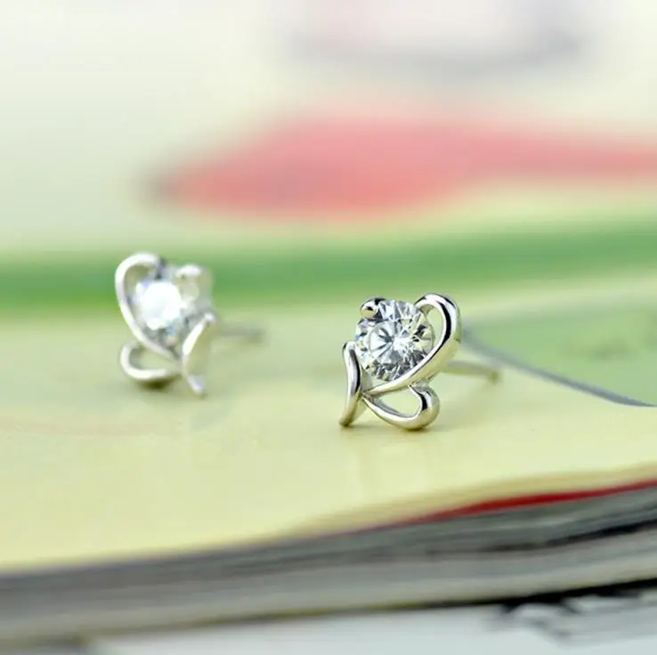 2021 Fashion Women Stud Earring Europe Style Bow Ladies Luxury Crystal 925 Silver Ear Jewelry Heart Shaped Wholesale CY043 | Украшения и