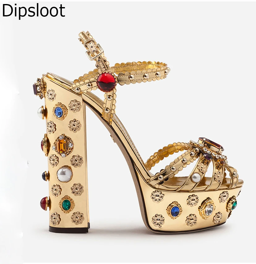 

Luxury Zapatos Gemstone With Pearl Studs Platform Sandals Peep Toe Chunky Heels Golden Leather Shoes Mujer Wedding High Heels