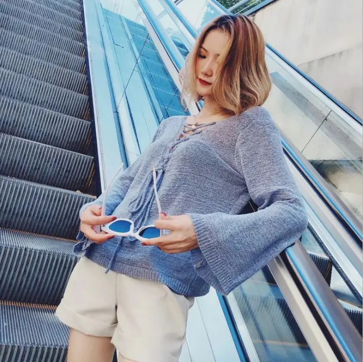 HCBLESS Women sweater 2018 Autumn New front and rear V-neck tie rope thin versatile casual top | Женская одежда