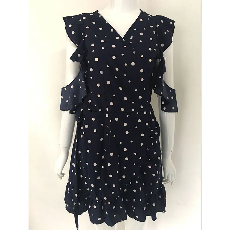 JuneLove new Ruffle cold shoulder mini dress women dot print female vintage bow wrap short chiffon white vestidos | Женская одежда