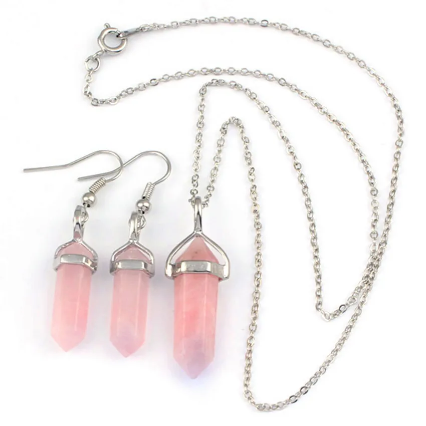 

Trendy-beads Silver Plated Natural Rose Pink Quartz Hexagon Necklace Earrings For Female Jewelry Sets