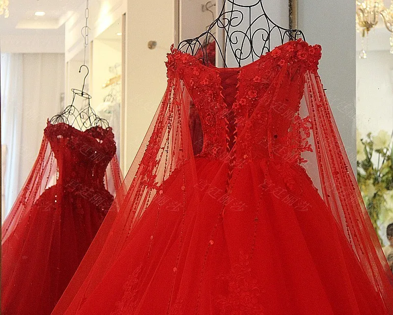 LS54710 Red cheap Wedding Dress Robe Mariage Femme 2018 Tulle v-neck Ball Gown Lace Up Back Princess With Cape | Свадьбы и торжества