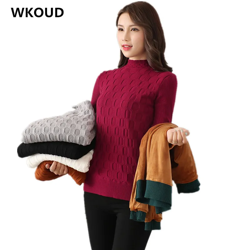 WKOUD Winter Knitted Pullovers 2018 Solid Turtleneck Sweater Thickening Fleeces Women Long Sleeve Stretch Knitwear Jumper M8231 | Женская