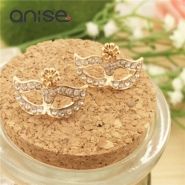 Женские серьги гвоздики в виде маски Стразы Anise золотого и серебряного цветов
