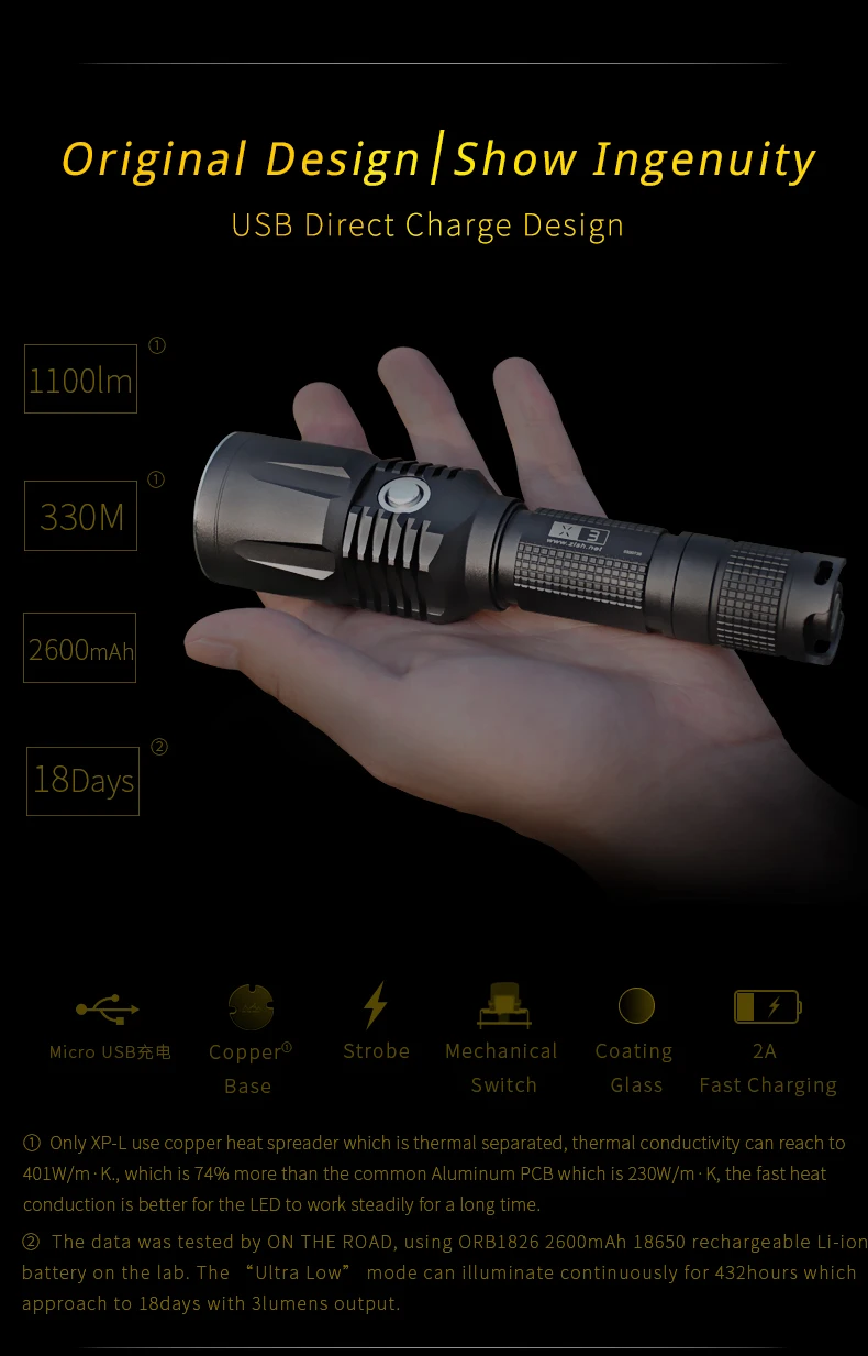 В дороге X3 USB фонарик 18650 USB Перезаряжаемый мини фонарь usb зарядка светодиодный фонарик 1100lm супер яркий для улицы