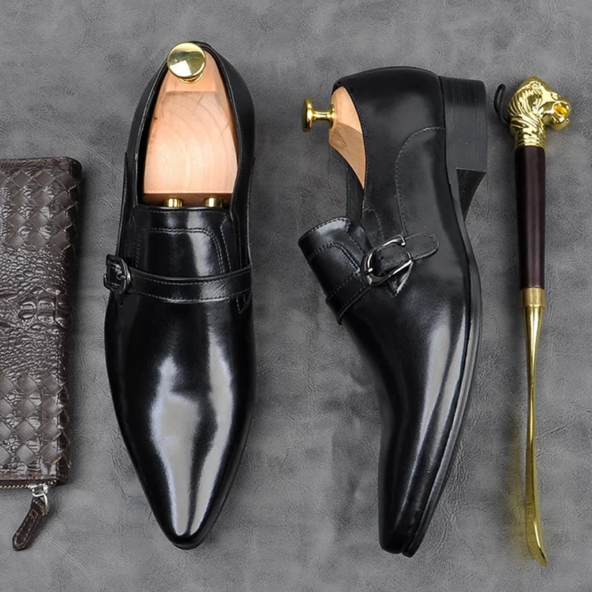 

Italian Genuine Leather Formal Dress Men's Monk Strap Shoes Pointed Toe Slip on Comfortable Casual Wedding Office Loafers AM131