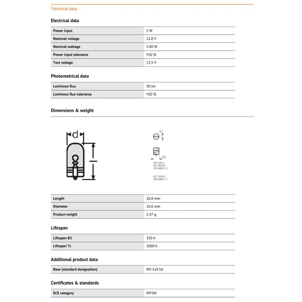 OSRAM T10 2827 W5W Янтарный стандартный внутренний светильник лампы для перепродажи